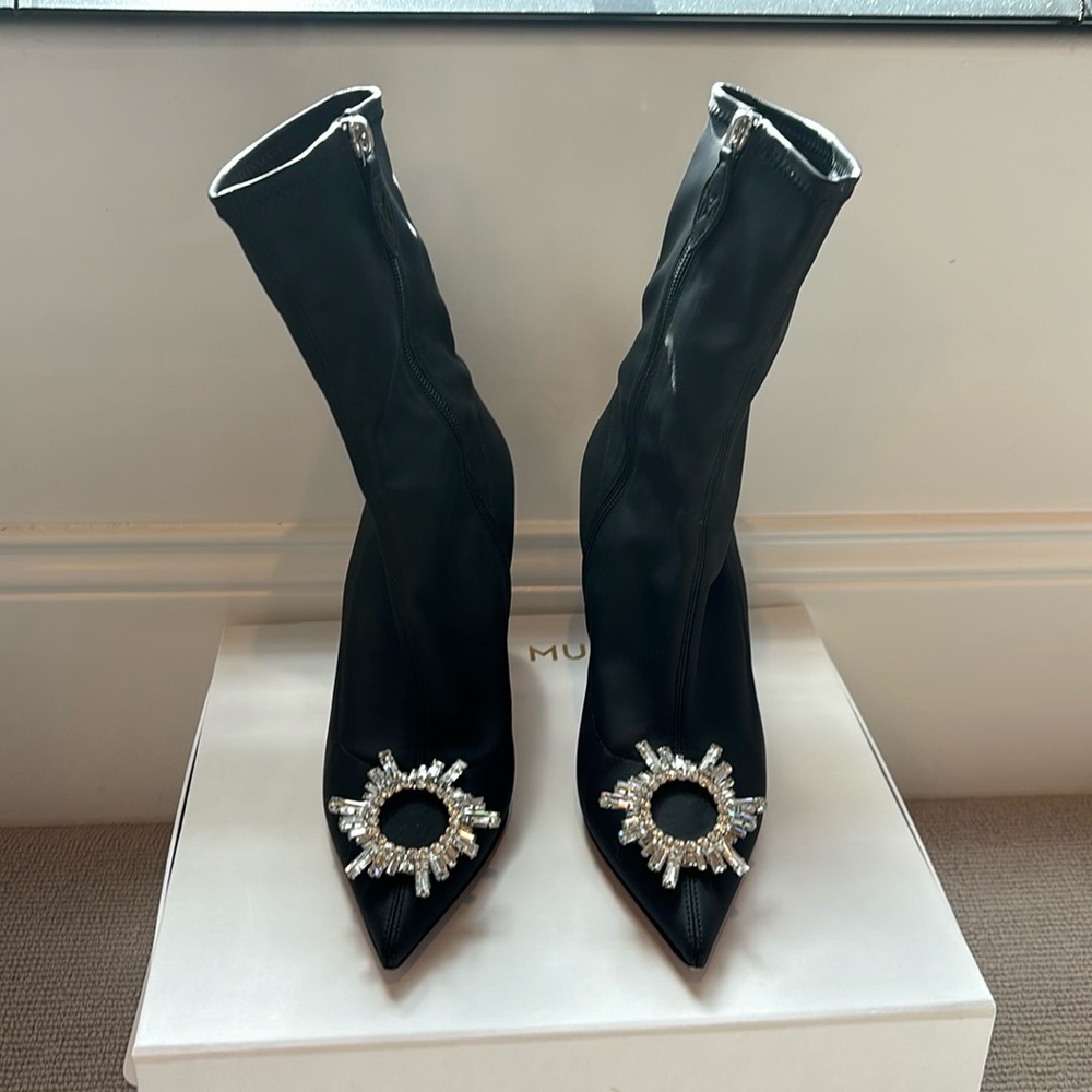 Amina Muaddi Black Crystal-Embellished Pointed Sock Boots